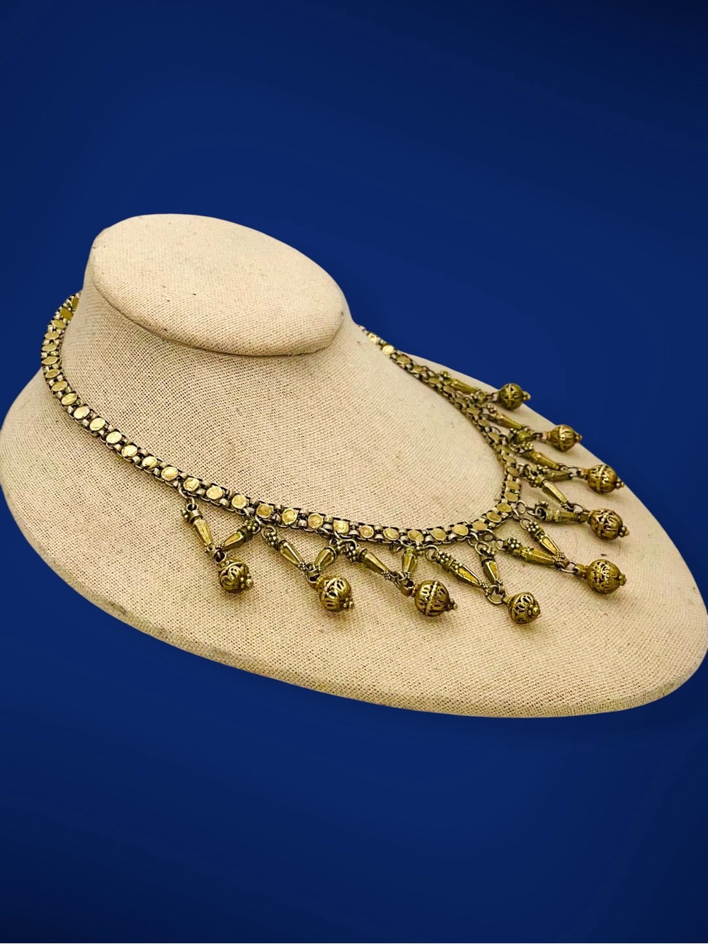 Vintage Ethnic Brass Festoon Bib Necklace Dangle Fringe Drop Statement - Picture 4 of 15